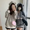 Sweat à capuche japonais Harajuku Cat Ear pour femme, sweat à capuche zippé, vestes de dessin animé à rayures esthétiques, vêtements de broderie Y, mignon