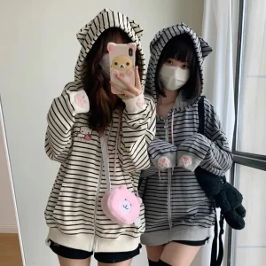 Sweat à capuche japonais Harajuku Cat Ear pour femme, sweat à capuche zippé, vestes de dessin animé à rayures esthétiques, vêtements de broderie Y, mignon
