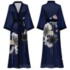 Peignoir kimono à manches mi-longues de style japonais pour femmes, robe longue femme, chemise de nuit, vêtements de nuit, satin imprimé fleuri, robe en span pour la maison