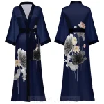 Peignoir kimono à manches mi-longues de style japonais pour femmes, robe longue femme, chemise de nuit, vêtements de nuit, satin imprimé fleuri, robe en span pour la maison Peignoir kimono à manches mi-longues de style japonais pour femmes, robe longue femme, chemise de nuit, vêtements de nuit, satin imprimé fleuri, robe en span pour la maison