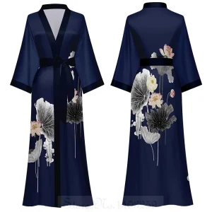 Peignoir kimono à manches mi-longues de style japonais pour femmes, robe longue femme, chemise de nuit, vêtements de nuit, satin imprimé fleuri, robe en span pour la maison