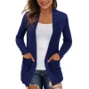 cardigan en tricot pour femmes, manteau mi long, manches longues, poches, col en v, pull solide, manteaux décontractés, coupe cintrée, point ouvert, streetwear