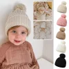chapeau en coton élastique au crochet avec pompons tricoté hiver chaud bébé chapeau belle couleur unie bonnets nouveau né casquettes chapeaux nouveau