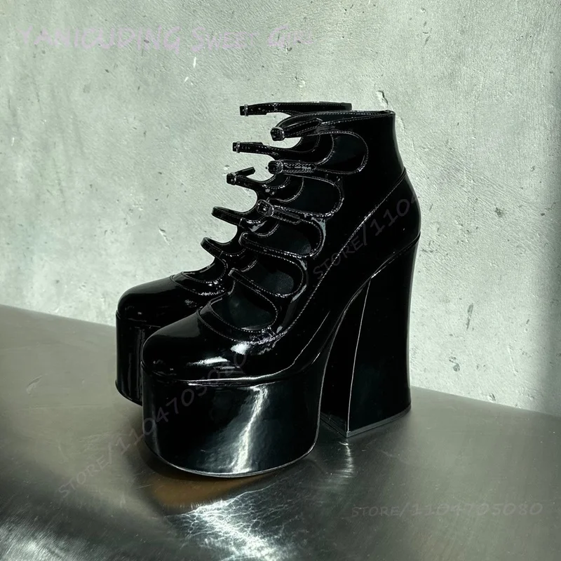 sandales noires à plateforme épaisse et talon bloc pour filles, chaussures de danse décontractées mates à lanières creuses, motif blanc, boucle à la cheville, bout rond sandales noires à plateforme épaisse et talon bloc pour filles, chaussures de danse décontractées mates à lanières creuses, motif blanc, boucle à la cheville, bout rond