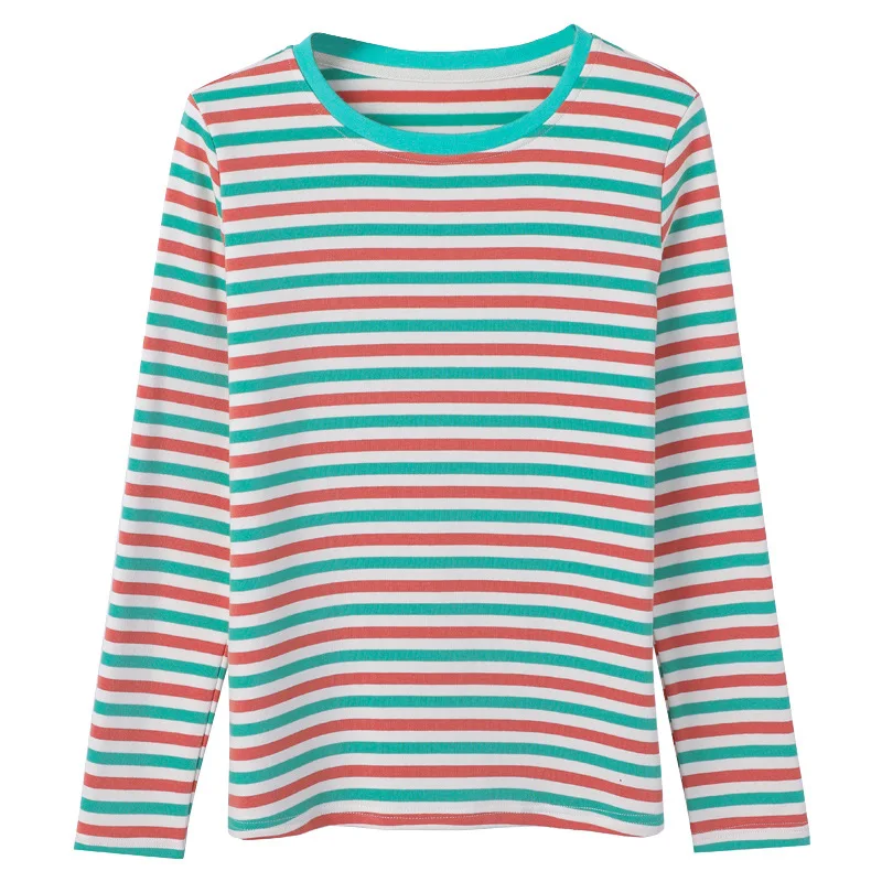 t shirt rayé en coton à manches longues pour femmes, haut décontracté à col rond, vêtements coréens, automne t shirt rayé en coton à manches longues pour femmes, haut décontracté à col rond, vêtements coréens, automne