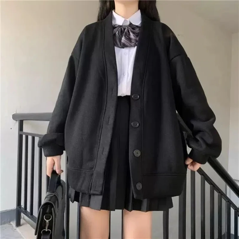 vestes cardigan de style preppy japonais pour femmes, col en v, poches solides, bouton, mode preppy, automne, hiver, nouveau vestes cardigan de style preppy japonais pour femmes, col en v, poches solides, bouton, mode preppy, automne, hiver, nouveau