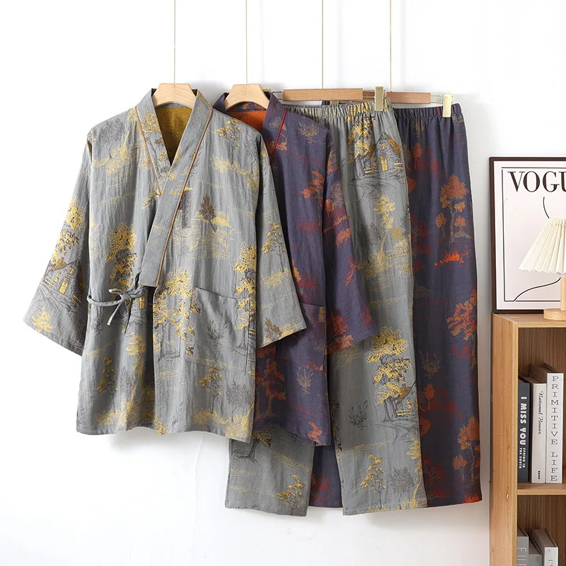 ensemble kimono japonais 100% coton crêpe, pyjama deux pièces pour couple, ample, pour hommes et femmes, costume à la vapeur, ensemble de service à domicile ensemble kimono japonais 100% coton crêpe, pyjama deux pièces pour couple, ample, pour hommes et femmes, costume à la vapeur, ensemble de service à domicile