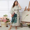 robe kimono longue surdimensionnée pour femmes, peignoir en satin imprimé, col en v, ample, chemise de nuit avec ceinture, rayonne, vêtements de détente