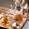 théière en verre avec filtre, manche en bois, interrupteur magnétique en un clic, filtration de séparation du thé, adaptée aux cadeaux de famille et aux bureaux
