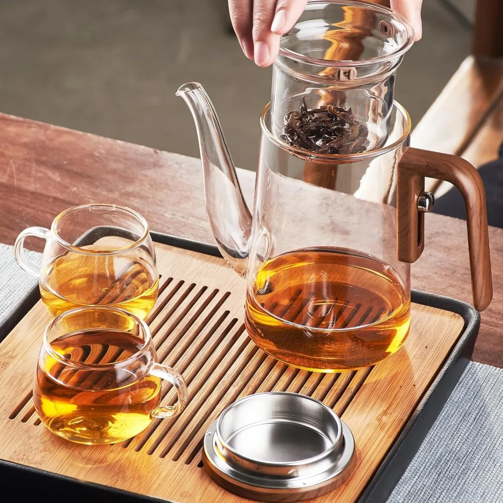 théière en verre avec filtre, manche en bois, interrupteur magnétique en un clic, filtration de séparation du thé, adaptée aux cadeaux de famille et aux bureaux théière en verre avec filtre, manche en bois, interrupteur magnétique en un clic, filtration de séparation du thé, adaptée aux cadeaux de famille et aux bureaux