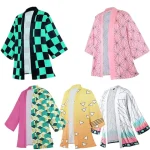 Cardigan Kimono rose pour femmes, Anime Demon Kamade Zezeko, manteau d&rsquo;été Kamado Tanjirou à carreaux verts pour hommes, manteau Haori japonais