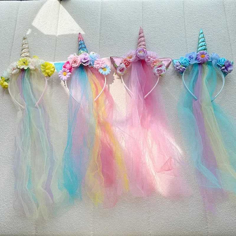 bandeau licorne arc en ciel, couvre chef pour enfants, simulation de princesse, filet de fleurs, accessoires de style dessin animé pour enfants bandeau licorne arc en ciel, couvre chef pour enfants, simulation de princesse, filet de fleurs, accessoires de style dessin animé pour enfants