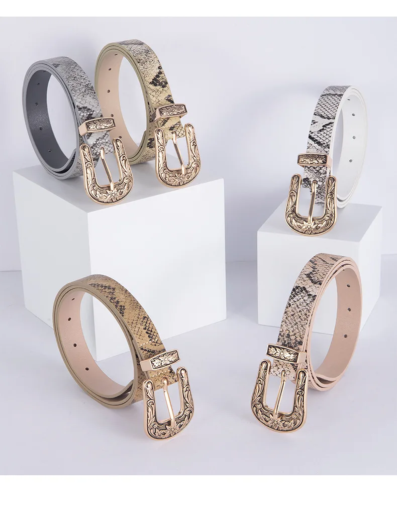 ceinture en peau de serpent avec broche sculptée européenne et américaine pour femme, motif à la mode et polyvalent, haut de gamme ceinture en peau de serpent avec broche sculptée européenne et américaine pour femme, motif à la mode et polyvalent, haut de gamme