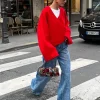 combinaison en laine à col en v pour femmes, manches longues, vintage, chaud, rouge, style élégant, tricots high street, 2024