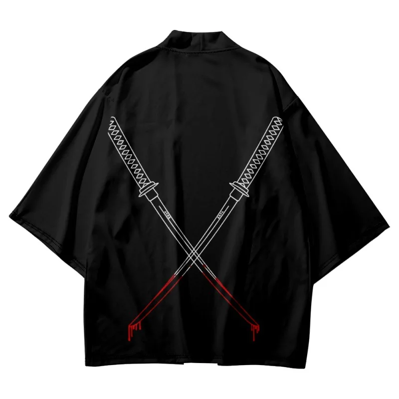 Été ample mode japonaise couteau de samouraï imprimé kimono streetwear cardigan robe femmes hommes haori haut yukata Été ample mode japonaise couteau de samouraï imprimé kimono streetwear cardigan robe femmes hommes haori haut yukata