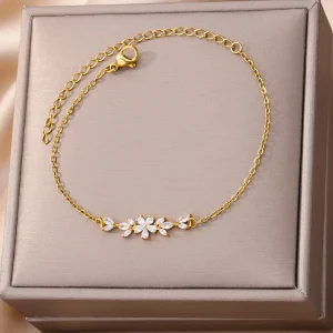 Bracelet élégant à fleurs en Zircon pour femmes et filles, breloque couleur or, en acier inoxydable, plante, bijoux de luxe de styliste, cadeaux