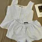 Pyjama rayé pour femmes, vêtements de nuit pour enfants, ensemble 2 pièces en dentelle, vêtements de nuit, débardeur coréen, costume de maison, nouvelle collection 2025