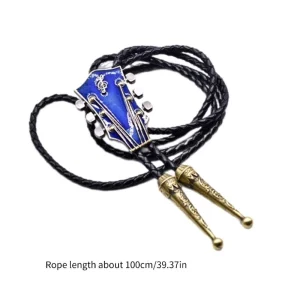 Cravate Bolo Vintage faite à la main pour femmes et hommes, Cowboy occidental, corde en cuir avec pendentif de guitare en émail, collier de bijoux