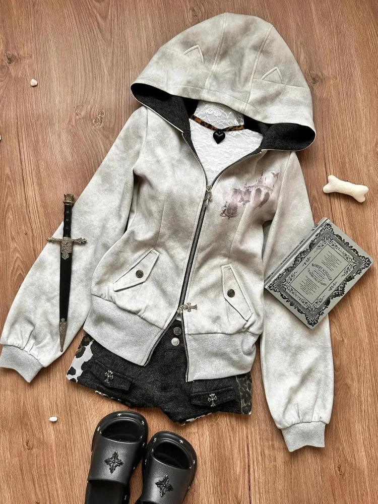 sweat à capuche gothique gris harajuku pour femmes, vintage américain y2k hottie, veste amincissante, sous culture d'automne, manteau cardigan à fermeture éclair, nouvelle collection sweat à capuche gothique gris harajuku pour femmes, vintage américain y2k hottie, veste amincissante, sous culture d'automne, manteau cardigan à fermeture éclair, nouvelle collection