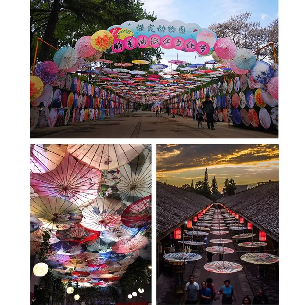 parapluie en papier huilé fait à la main, durable, décoratif, suspendu, à motifs, en soie chinoise, à long manche, bâton en bois, pour enfants parapluie en papier huilé fait à la main, durable, décoratif, suspendu, à motifs, en soie chinoise, à long manche, bâton en bois, pour enfants