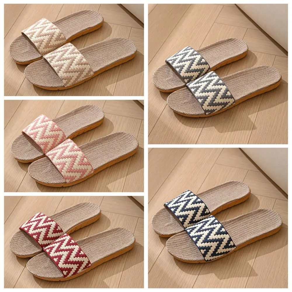 pantoufles confortables à rayures en lin de style ethnique, pantoufles plates antidérapantes en patchwork doux, chaussures à absorption de la sueur, sandales pour la maison pantoufles confortables à rayures en lin de style ethnique, pantoufles plates antidérapantes en patchwork doux, chaussures à absorption de la sueur, sandales pour la maison