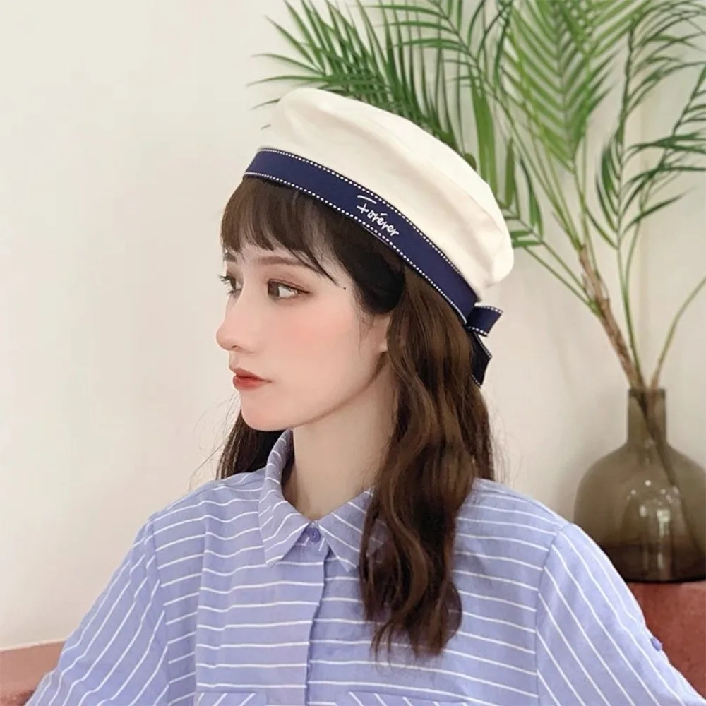 chapeau de marin blanc doux décontracté, casquette octogonale à nœud papillon de style coréen, casquette uniforme avec lettres brodées, chapeau de peintre pour printemps et été chapeau de marin blanc doux décontracté, casquette octogonale à nœud papillon de style coréen, casquette uniforme avec lettres brodées, chapeau de peintre pour printemps et été