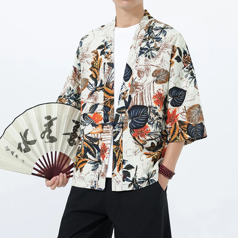 chemise kimono à manches courtes, nouveau modèle, haut ethnique avec boutons à nœud de style chinois, design ouvert sur le devant d'inspiration japonaise, léger chemise kimono à manches courtes, nouveau modèle, haut ethnique avec boutons à nœud de style chinois, design ouvert sur le devant d'inspiration japonaise, léger