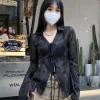 chemisier japonais pour femmes, chemise sexy à bandes grunge, esthétique y2k, harajuku, col rabattu, manches évasées, 2025