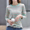 t shirt rayé en coton à manches longues pour femmes, haut décontracté à col rond, vêtements coréens, automne