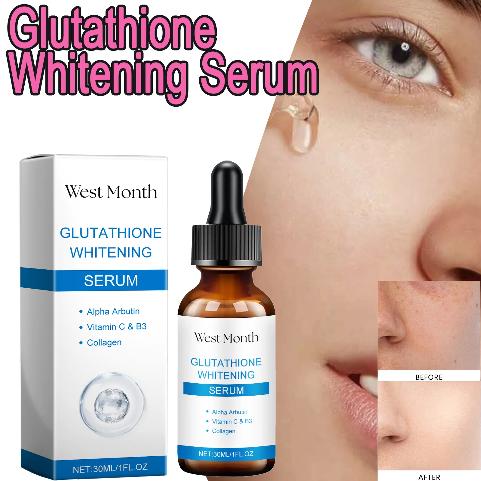 Sérum blanchissant au Glutathion, même le teint, réduit les imperfections du visage, Texture légère, obtenir facilement une belle peau, Non grasse Sérum blanchissant au Glutathion, même le teint, réduit les imperfections du visage, Texture légère, obtenir facilement une belle peau, Non grasse
