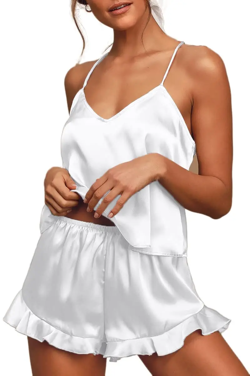 ensemble pyjama sexy en satin de soie pour femme – haut caraco à col en v et short à volants, lingerie de mariée, parfait pour les vêtements de nuit ensemble pyjama sexy en satin de soie pour femme – haut caraco à col en v et short à volants, lingerie de mariée, parfait pour les vêtements de nuit