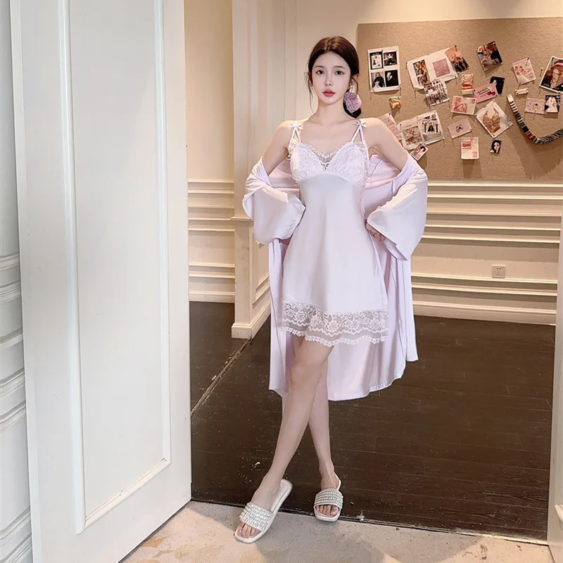 peignoir kimono de mariée pour femmes, ensemble de robe en satin et dentelle, vêtements de nuit décontractés, chemise de nuit à bretelles sexy peignoir kimono de mariée pour femmes, ensemble de robe en satin et dentelle, vêtements de nuit décontractés, chemise de nuit à bretelles sexy