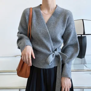 Cardigan portefeuille tricoté pour femmes, avec cravate latérale, surplis sur le devant, veste pull, automne hiver, mode élégante pour dames Cardigan portefeuille tricoté pour femmes, avec cravate latérale, surplis sur le devant, veste pull, automne hiver, mode élégante pour dames