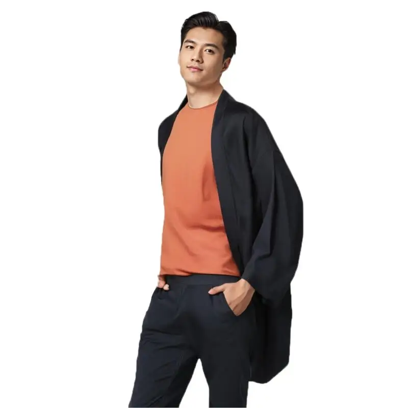 poncho kimono japonais long pour hommes et femmes, couleur unie, décontracté, ample, yukata haori beach, chemise hiyoshi noire, nouvelle collection été 2024 poncho kimono japonais long pour hommes et femmes, couleur unie, décontracté, ample, yukata haori beach, chemise hiyoshi noire, nouvelle collection été 2024