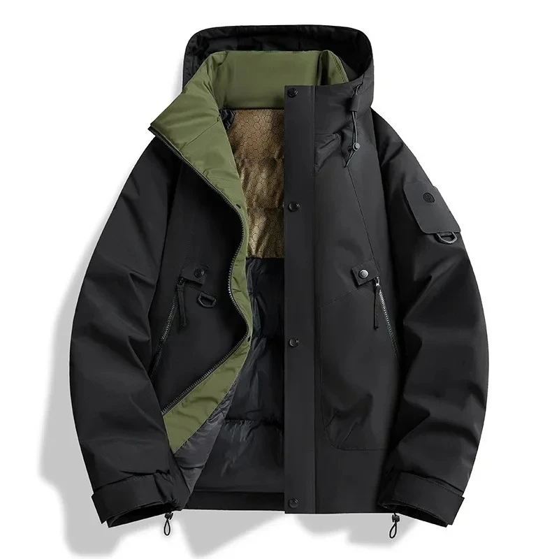 veste d'hiver harajuku pour hommes, manteau en coton épais à capuche, imperméable, bande magique, badge de bras, chaud, multi poches, style à la mode veste d'hiver harajuku pour hommes, manteau en coton épais à capuche, imperméable, bande magique, badge de bras, chaud, multi poches, style à la mode