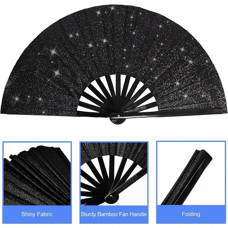 Éventail à main scintillant, grand éventail pliable en bambou pour spectacle de festival, accessoire de décoration élégant et réutilisable Éventail à main scintillant, grand éventail pliable en bambou pour spectacle de festival, accessoire de décoration élégant et réutilisable