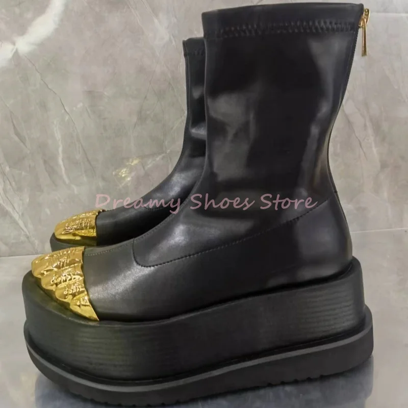 bottines mi mollet à plateforme dorée à cinq orteils pour femme, bottines de luxe en cuir avec fermeture éclair au dos, décoration en métal, mode automne hiver bottines mi mollet à plateforme dorée à cinq orteils pour femme, bottines de luxe en cuir avec fermeture éclair au dos, décoration en métal, mode automne hiver