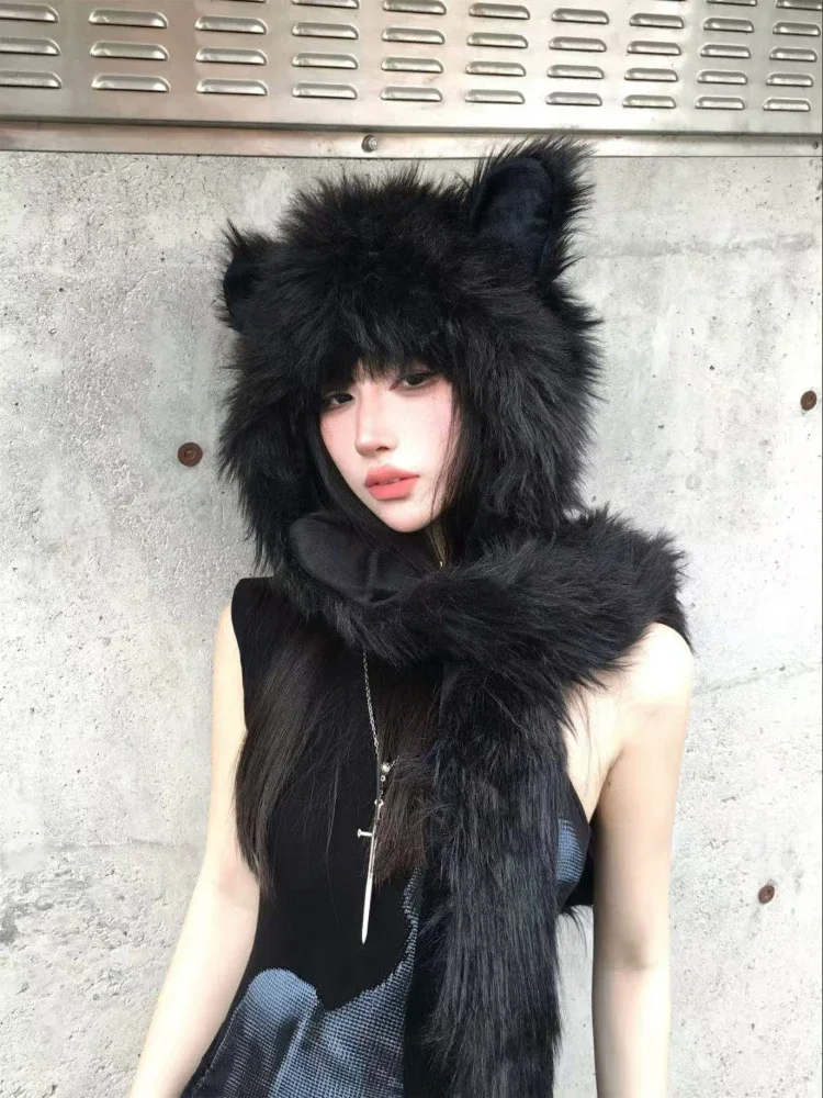 chapeau écharpe en fourrure japonais kawaii pour femme, garde au chaud, mode esthétique y2k, casquette vintage, oreilles d'ours, streetwear grunge, hiver chapeau écharpe en fourrure japonais kawaii pour femme, garde au chaud, mode esthétique y2k, casquette vintage, oreilles d'ours, streetwear grunge, hiver