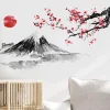 peinture à l'encre japonaise mont fuji soleil rouge fleur de cerisier autocollants muraux pour pvc imperméable salon décoration de la maison