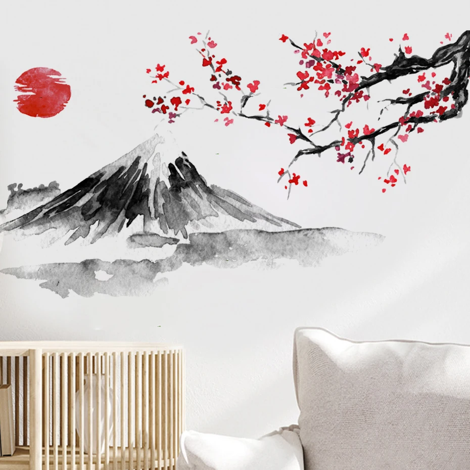 peinture à l'encre japonaise mont fuji soleil rouge fleur de cerisier autocollants muraux pour pvc imperméable salon décoration de la maison peinture à l'encre japonaise mont fuji soleil rouge fleur de cerisier autocollants muraux pour pvc imperméable salon décoration de la maison