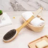 Brosse de douche en bambou à poils naturels avec manche long incurvé, détachable, pour bain, brosse de nettoyage, massage, frottement, brosse arrière