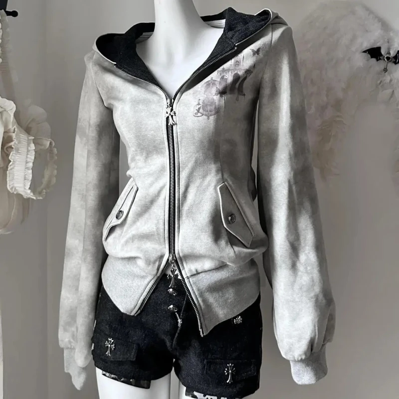 sweat à capuche gothique gris harajuku pour femmes, vintage américain y2k hottie, veste amincissante, sous culture d'automne, manteau cardigan à fermeture éclair, nouvelle collection sweat à capuche gothique gris harajuku pour femmes, vintage américain y2k hottie, veste amincissante, sous culture d'automne, manteau cardigan à fermeture éclair, nouvelle collection
