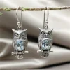 boucles d'oreilles vintage en métal couleur argent, hibou sculpté, rondeur d'originalité incrustée, pierre bleue de mer
