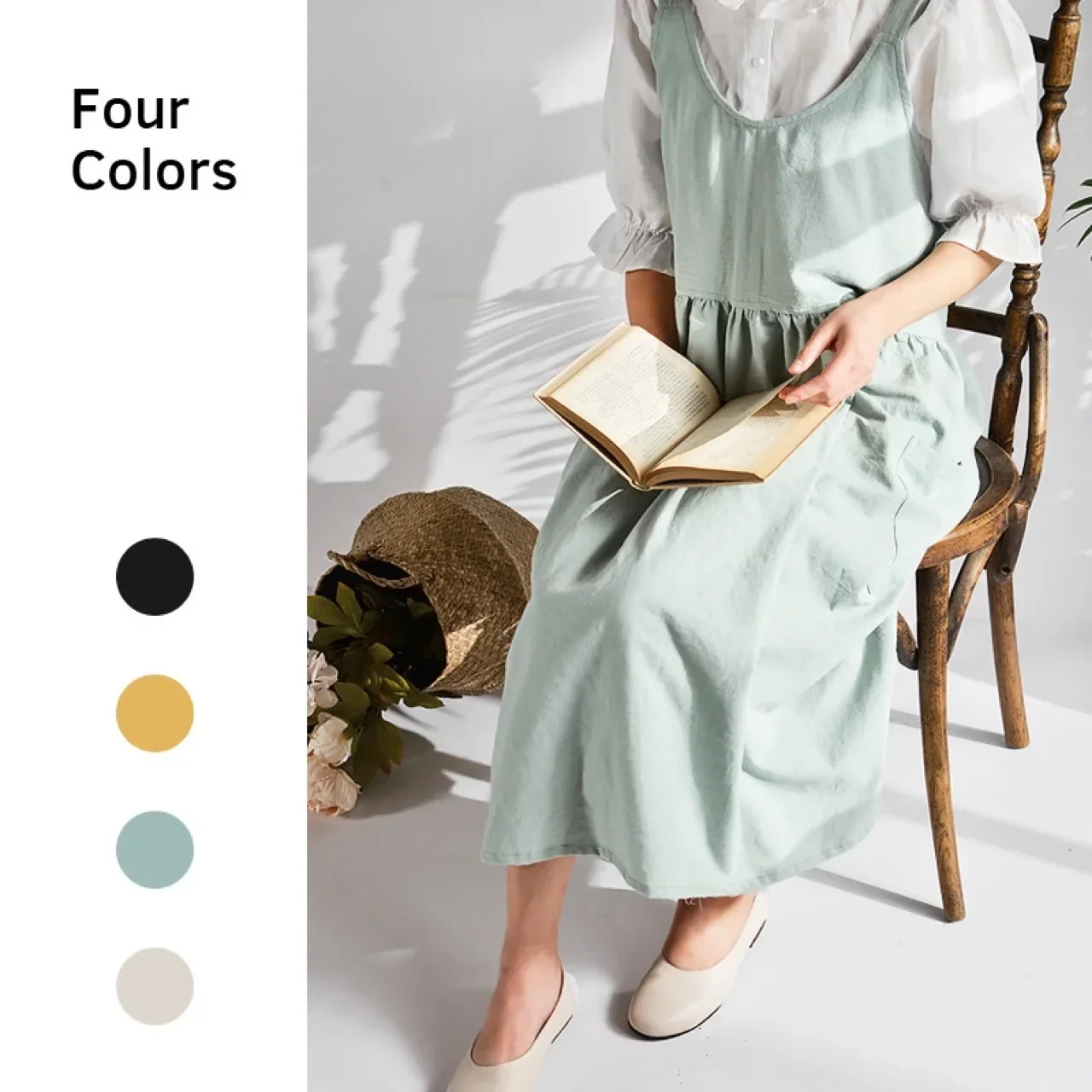 tablier en coton et lin pour femmes, dos croisé, pour travaux ménagers japonais, enveloppe de cuisson avec poche, robe de fleuriste, couleur unie, tablier de cuisine de jardin tablier en coton et lin pour femmes, dos croisé, pour travaux ménagers japonais, enveloppe de cuisson avec poche, robe de fleuriste, couleur unie, tablier de cuisine de jardin