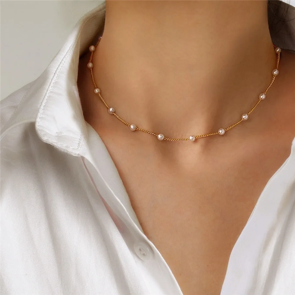 Chaîne de cou couleur or pour femmes, Style coréen, breloque pour fille, collier ras du cou en perles, chaîne de perles élégante, collier court de clavicule, cadeau Chaîne de cou couleur or pour femmes, Style coréen, breloque pour fille, collier ras du cou en perles, chaîne de perles élégante, collier court de clavicule, cadeau