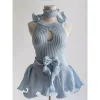 Robe trapèze courte bleue pour femme, col rond, évidée, sexy, taille amincissante, nouvelle mode coréenne, été Robe trapèze courte bleue pour femme, col rond, évidée, sexy, taille amincissante, nouvelle mode coréenne, été