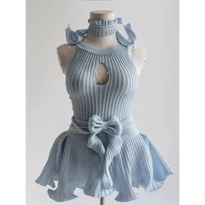 Robe trapèze courte bleue pour femme, col rond, évidée, sexy, taille amincissante, nouvelle mode coréenne, été Robe trapèze courte bleue pour femme, col rond, évidée, sexy, taille amincissante, nouvelle mode coréenne, été