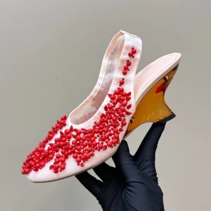 Piste chaîne perle sandales à talons compensés femmes pompes bout rond Style étrange sangle arrière Sandalias été mode robe de soirée chaussures