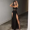 Robe portefeuille tricotée noire pour femmes, tenue longue, Sexy, Slim, fente, taille Empire, mi-longue, asymétrique épaule dénudée, en Fiber de Polyester, été