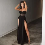 Robe portefeuille tricotée noire pour femmes, tenue longue, Sexy, Slim, fente, taille Empire, mi-longue, asymétrique épaule dénudée, en Fiber de Polyester, été Robe portefeuille tricotée noire pour femmes, tenue longue, Sexy, Slim, fente, taille Empire, mi-longue, asymétrique épaule dénudée, en Fiber de Polyester, été
